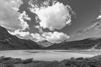 Glacial lake below the Moiry glacier, black and white photograph, near Grimentz, Val d'Anniviers,