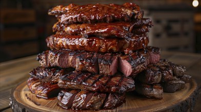 Plate with A stack of several grilled steaks. generative AI, AI generated