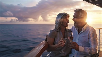 Happy senior romantic couple celebrate onboard of luxury cruise ship with glass of wine at sunset,