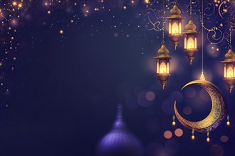 The essence of Ramadan with golden lanterns illuminating the dark night, adorned by a crescent moon