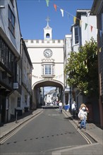 East Gate Tudor arch in the High Street at Totnes, Devon, England, United Kingdom, Europe