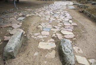 Roman paved road with granite speed bumps, Circa Romano hippodrome, Merida, Extremadura, Spain,