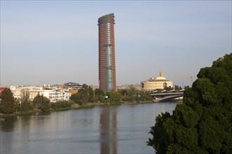 Cajasol Tower office block under construction in La Cartuja area of Seville, Spain viewed from the