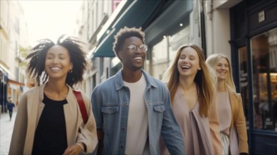 A happy multi-ethnic group of young adult friends walk along the streets of europe, generatvie AI,