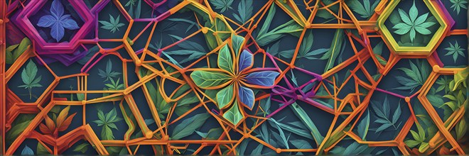 Abstract painting of chemical structure of thc and cbd interlocking geometric shapes, AI generated