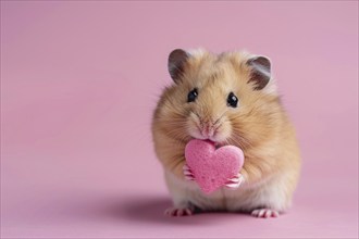 Cute hamster with Valentine eart in front of pink studio background. Generative AI, AI generated