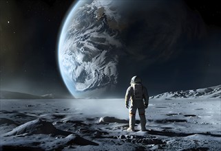 An astronaut stands on a lunar-like surface gazing at an immense planet rising, AI generated