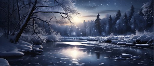 Serene winter night scene of a frozen river winding through a forest in moonlight, AI generated