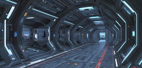 Three dimensional render of futuristic corridor inside a spaceship or space station, AI generated