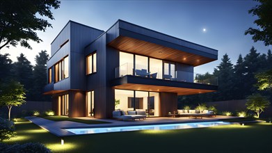 Three dimensional rendering of an illuminated modern ecological real estate residential house, AI