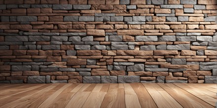 Three dimensional rendering of natural stone wall and wooden floor, AI generated