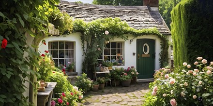 Plain Little tiny house in a floral garden with blooming flowers, AI generated