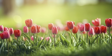 Meadow with bright red tulip spring flowers. KI generiert, generiert AI generated