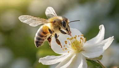 Animals, Symbol, Bee, Honey bee flies towards a flower, Apis mellifera, AI-generated, AI generated