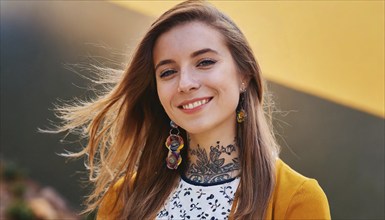 Portrait of a smiling young woman with tattoos and colourful earrings, AI generated, AI generated