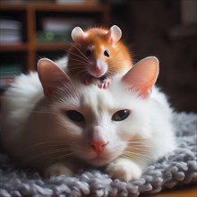 Pet, animal friendship, a brown rat sits on the head of a cat, AI generated, AI generated