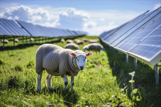 Domestic sheep (Ovis) grazing in a meadow between solar panels, solar park, photovoltaic system, AI