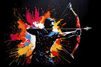 Illustration of a dynamic archer mid action on a vibrant splash paint background, AI generated