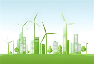 Abstract visual illustration of a city skyline where buildings morph into wind turbines and trees,