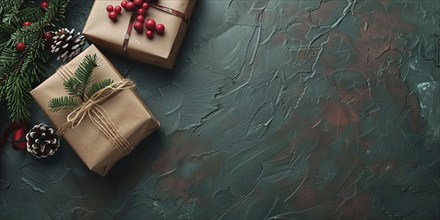 Top view of Christmas gift boxes wrapped in brown craft paper with berries and fir branches on