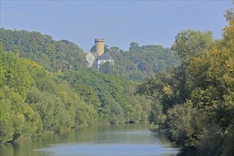 Lahn valley with castle built in the 12th century, Dehrn, Runkel, Westerwald, Taunus, Hesse,