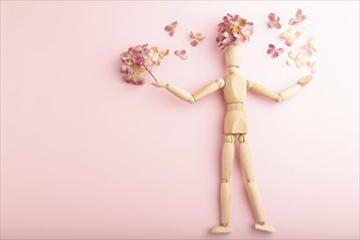 Wooden mannequin holding hydrangea flowers on pink pastel background. copy space, isolated, spring,