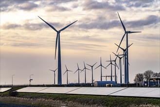 Solar park on the Slaperdijk dyke near the Eemshaven, test project, 17, 000 solar modules were