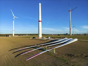 Wind farm near Bad Wünnenberg, construction site, storage area for a new wind turbine, components