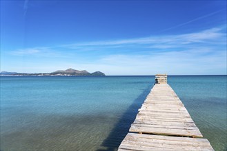 Bay of Alcudia, Platja de Muro, Muro beach, wooden walkway, Majorca, Balearic Islands, Spain,