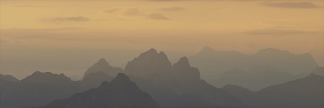 Mountain panorama from Grünten, 1783m, to the Tannheim mountains, Allgäu Alps, Tyrol, Austria,