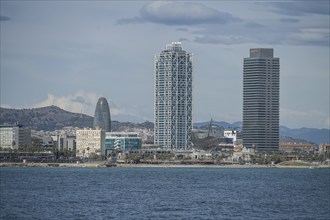 High-rise buildings at Port Olimpic, Hotel Arts, coast, Mediterranean Sea, Barcelona, Catalonia,