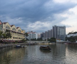 Clarke Quay in evening, coloured buildings and skyscapers, Singapore, Asia