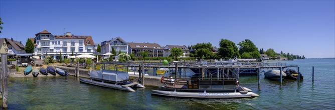 Boat landing stage, Reichenau Island on Lake Constance, Baden-Württemberg, Germany, Europe