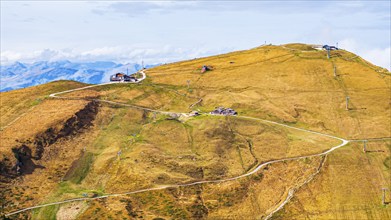 Summit station of the Seceda cable car, Sofie hut, drone shot, Val Gardena, Dolomites, Autonomous