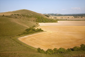 Steep chalk scarp slope and the Vale of Pewsey looking east from near Alton Barnes, Wiltshire,