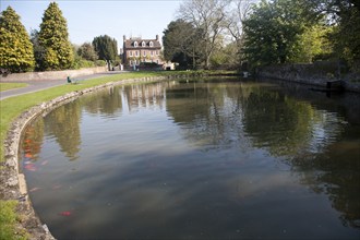 Village duck pond and historic house Urchfont, Wiltshire, England, United Kingdom, Europe