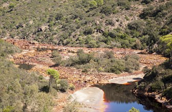 Blood red mineral laden water Rio Tinto river Minas de Riotinto mining area, Huelva province,