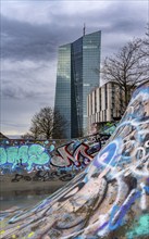 Building of the European Central Bank, ECB, skate park in the rain, at the Osthafen, at the Main in