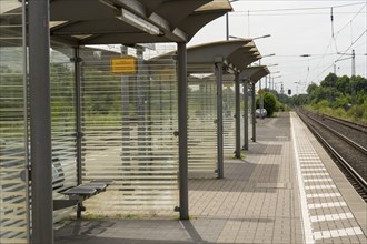 Platform shelters on an empty platform, Dülmen, Münsterland, North Rhine-Westphalia, Germany,