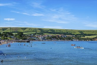 People in kayaks on Swanage Bay, Swanage, Dorset, England, United Kingdom, Europe