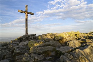 Summit cross on the Lusen (1373m), morning light, Bavarian Forest National Park, Bavaria, Germany,