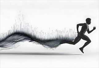 Wave of data points shaping into a runners silhouette, abstract illustration in black and white,