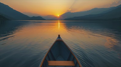 A kayak is in the lake with the sun setting in the background. Serenity and tranquility, AI