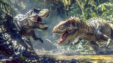 Two dinosaurs are fighting in a jungle. One is a T-Rex and the other is a Triceratops, AI generated