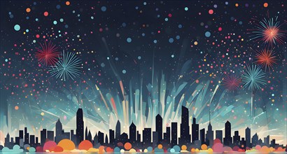 Minimalist, geometric skyline at night, with subtle fireworks in the sky, represented by colorful