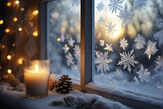 Snow-covered window with frost patterns, candlelight softly glowing through the glass, and warm,