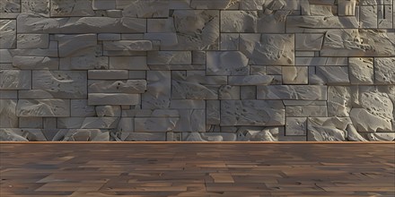 Three dimensional rendering of natural stone wall and wooden floor, AI generated