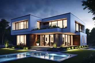 Three dimensional rendering of an illuminated modern ecological real estate residential house, AI