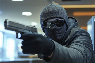 Bank robber with face hidden behind ski mask and sunglasses with gun. Generative Ai, AI generated