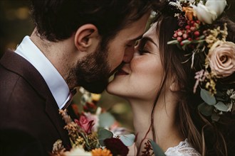 Wedding couple with colorful floweres in love kissing. Generative Ai, AI generated